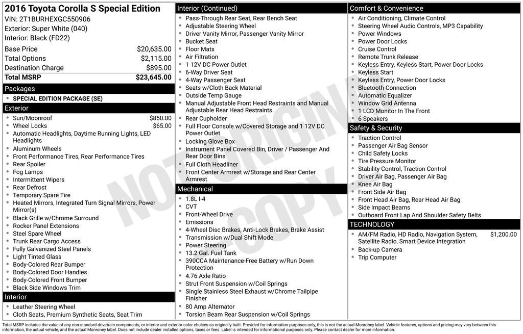 2016 Toyota Corolla S Special Edition